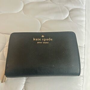 kate spade Black Leather Zip Wallet with Gold Logo